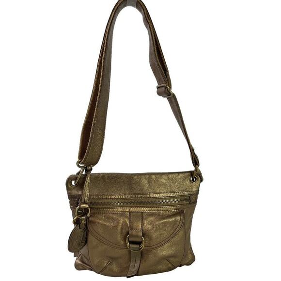 Fossil Womens Crossbody Leather Bronze Metallic Messenger Bag Satchel Purse - Picture 1 of 16